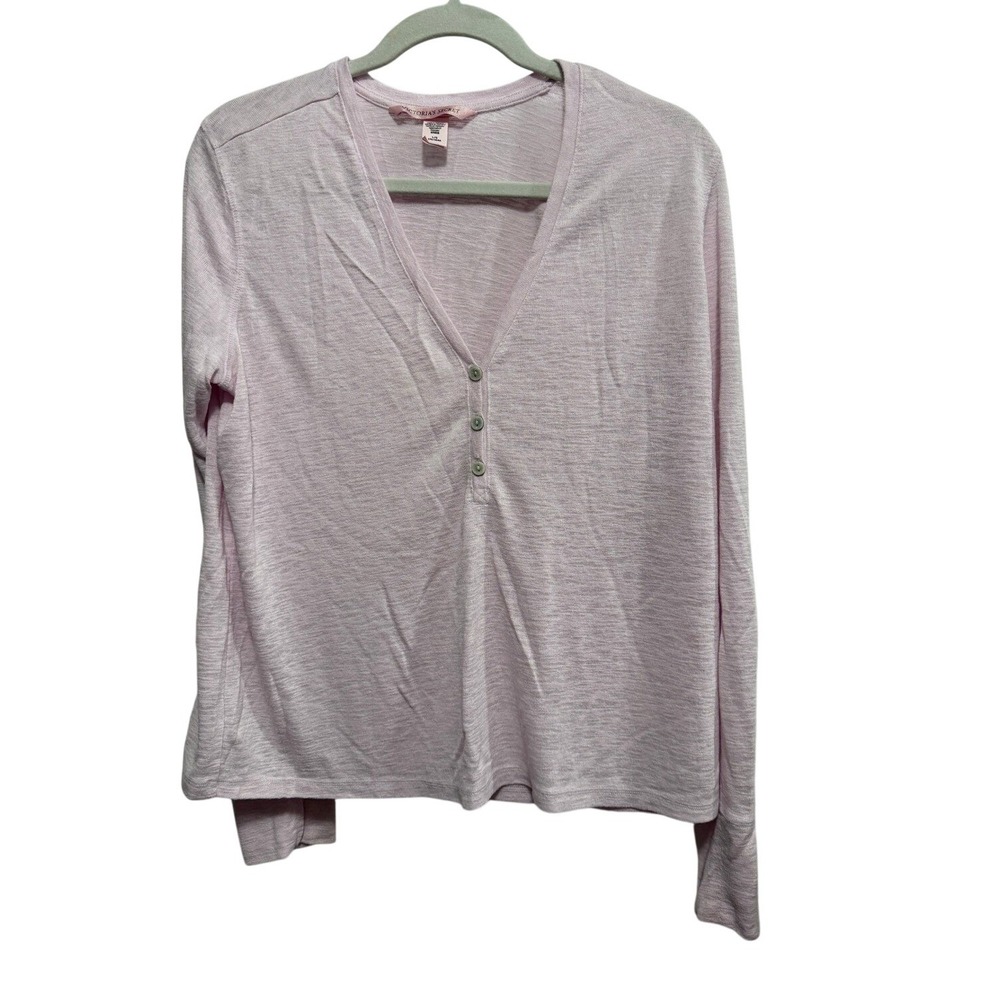 Victorias Secret PINK Henley Shirt Womens Large Pink Long Sleeve Waffle Tee